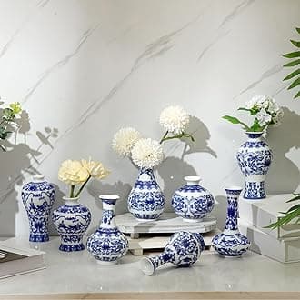 Dandat 8 Pcs Chinoiserie Bud Vases Ceramic Small Blue and White Floral Chinese Porcelain Vase Set for Shelf Table Centerpieces Home Decor(Fresh)