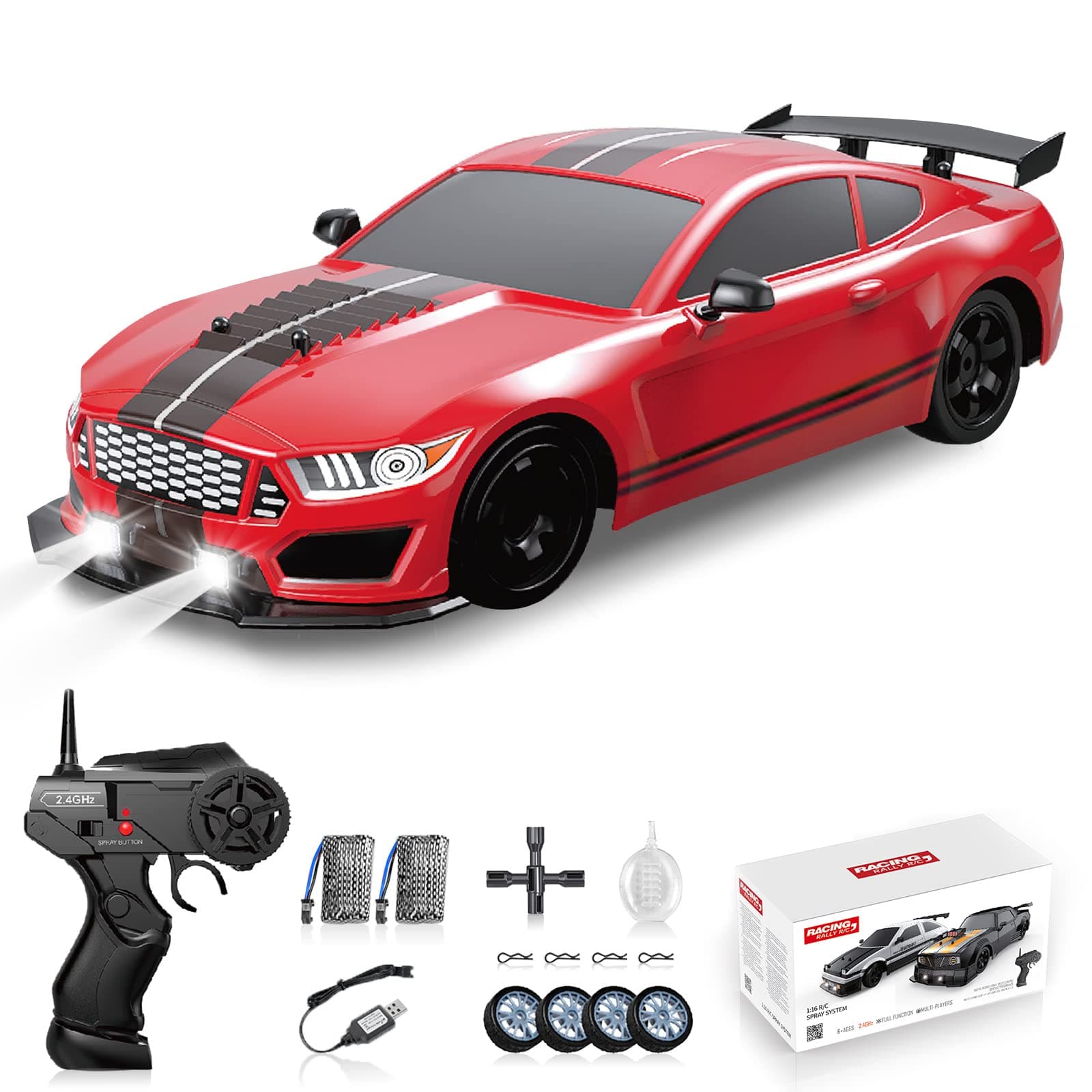 RC Drift Car 2.4GHz 1:16 Scale 4WD High Speed Remote Control Cars Vehicle with LED Lights Two Batteries and Drifting Tires Racing Sport Toy Cars for Adults Boys Girls Kids