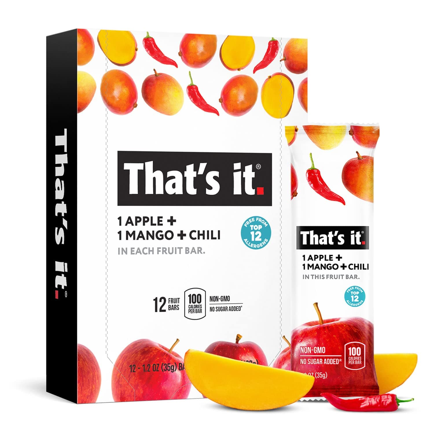 Apple+Mango+Chili 100% Natural Great Tasting Real Dried Fruit Bar, Vegan, Gluten Free, Paleo, Kosher, Non GMO, No Preservatives, No Added Sugar (12 Packs)