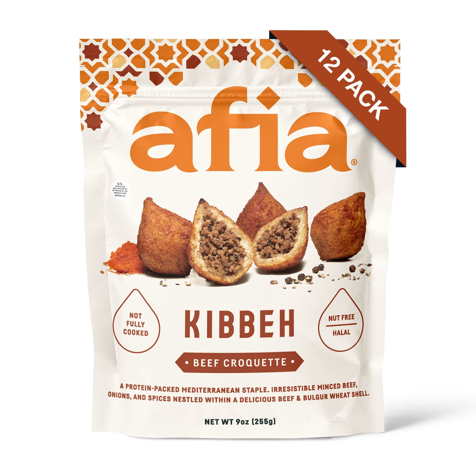 Afia Frozen Kibbeh – Beef Croquette (12 Pack), High Protein, Nut Free & Healthy Snack or Meal, Mediterranean Frozen Food Made with Halal Meat, Great with Hummus, Pita Bread, and Tahini