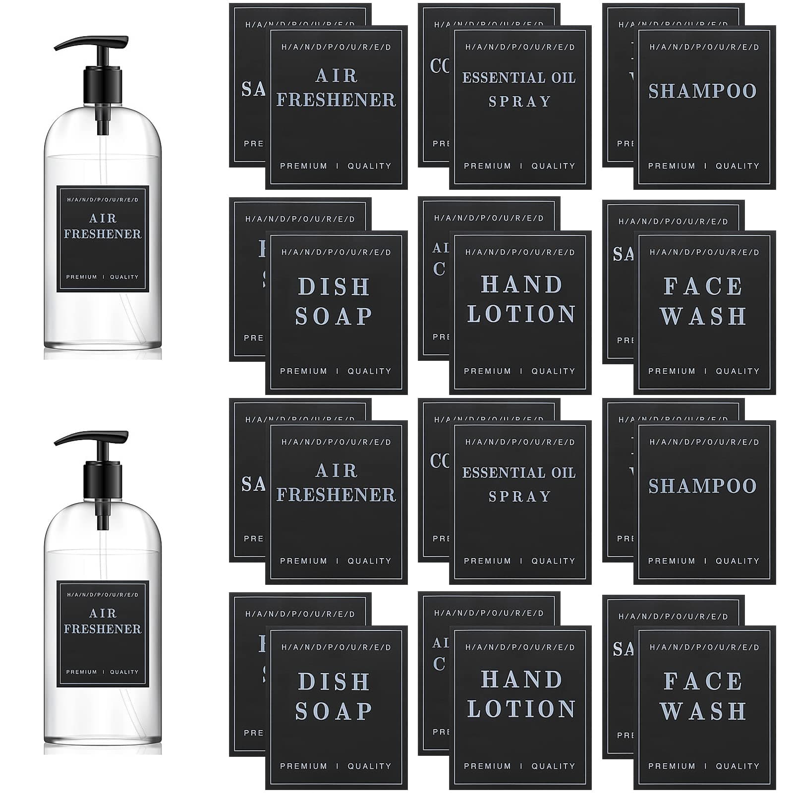 24 PCS Waterproof Labels for Bottles, Bathroom Hand Soap Shampoo and Conditioner Dispenser Label Stickers, Removable Labels for Soap, Lotion, Shampoo and Conditioner Bottles (Black)