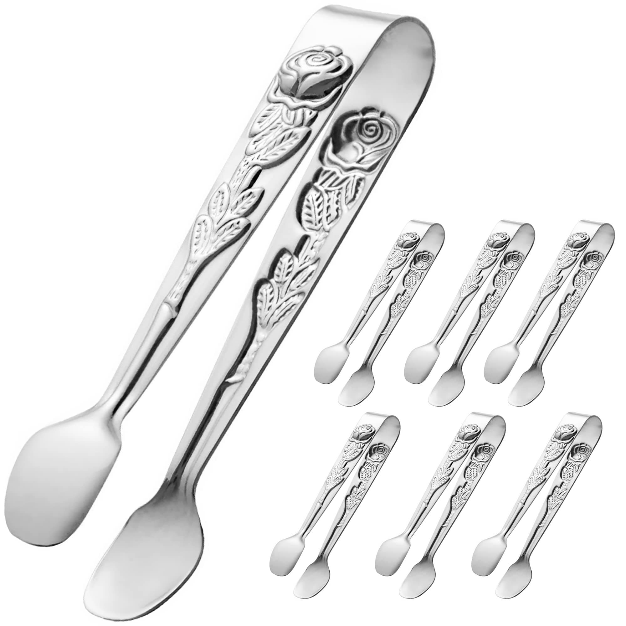 6PCS Mini Serving Tongs 4-Inch Small Rose Sugar Cube Tongs (Silver)
