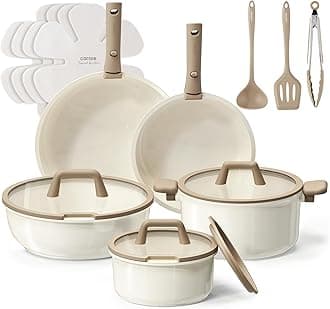 CAROTE 18pcs Ceramic Cookware Set, Pots and Pans Set, Induction Nonstick Kitchen Cookware Sets, Non Stick RV Set with Detachable Handle, Dishwasher/Oven Safe, Brown