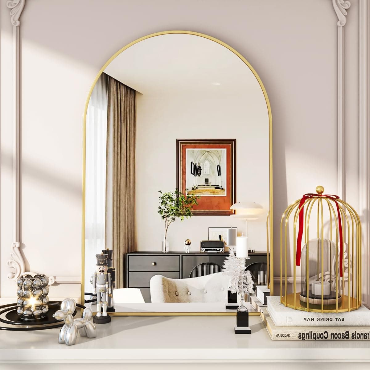 VooBang Arched Wall Mirror, 20 x 30 inch Arch Bathroom Mirror, Wall Mounted Vanity Mirror with Arch Metal Frame, Modern Bathroom Vanity Mirror for Bedroom, Living Room, Hanging or Leaning, Gold