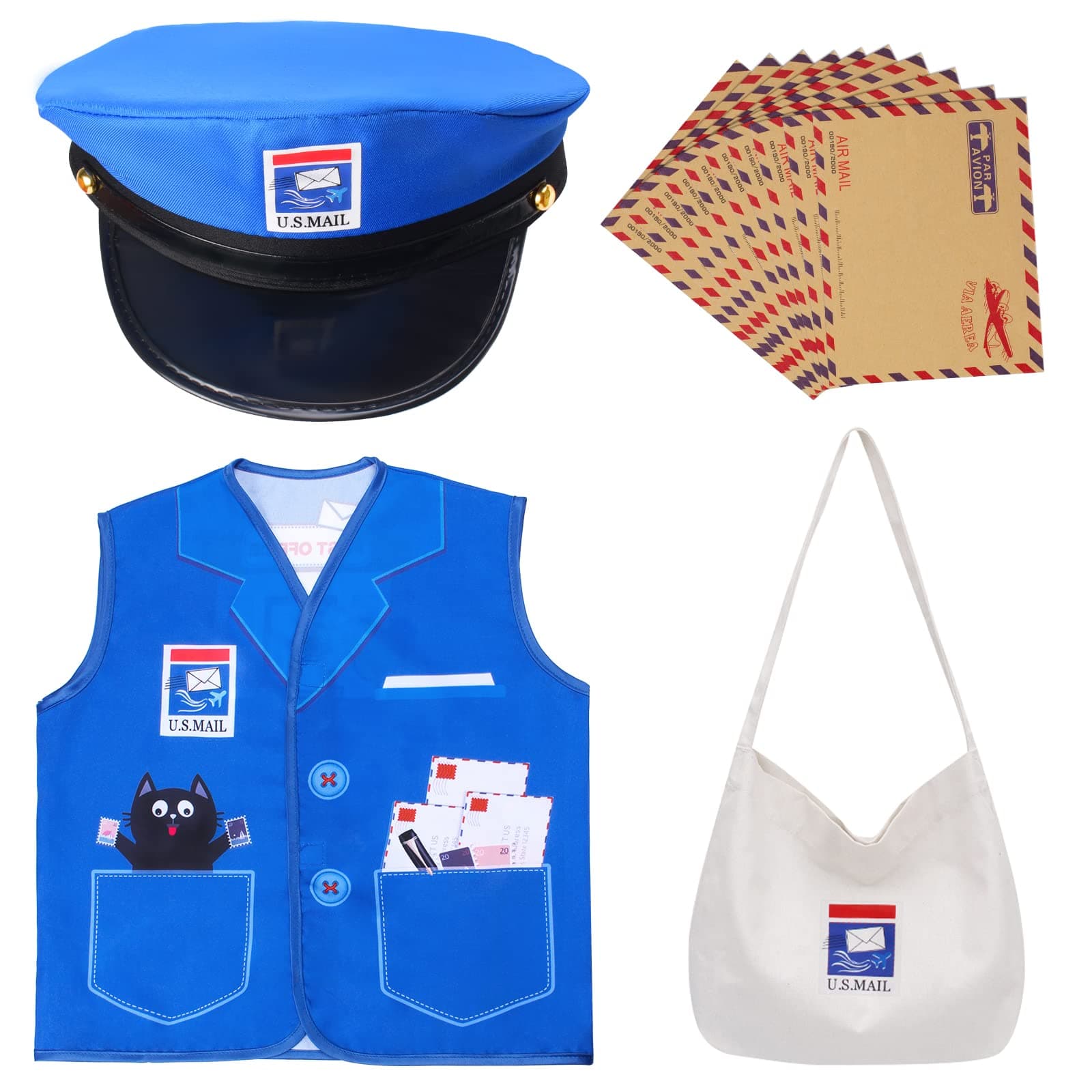 Kids Mailman Costume Mail Carrier Hat Mr. Postman Canvas Bag Vest Envelopes For Halloween Career Day Postal Costume