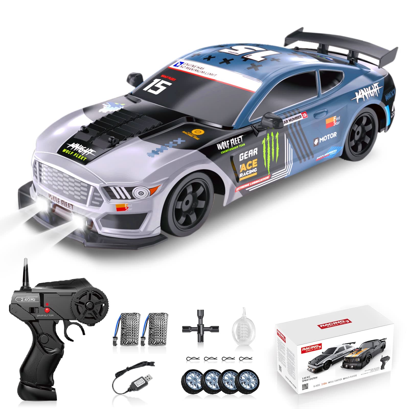 RC Drift Car, Drifting RC Car 2.4GHz 1:16 Remote Control Cars 4WD High Speed Racing Vehicle with LED Lights Two Batteries and Drifting Tires Racing Sport Toy Cars for Adults Boys Girls Kids