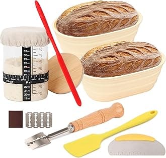 HOXHA Sourdough Bread Baking Supplies, Bread Proofing Basket Making Supplies Tool, set of 2 10inch Oval Bread Proofing Basket, 1000ml Sourdough Starter Jar