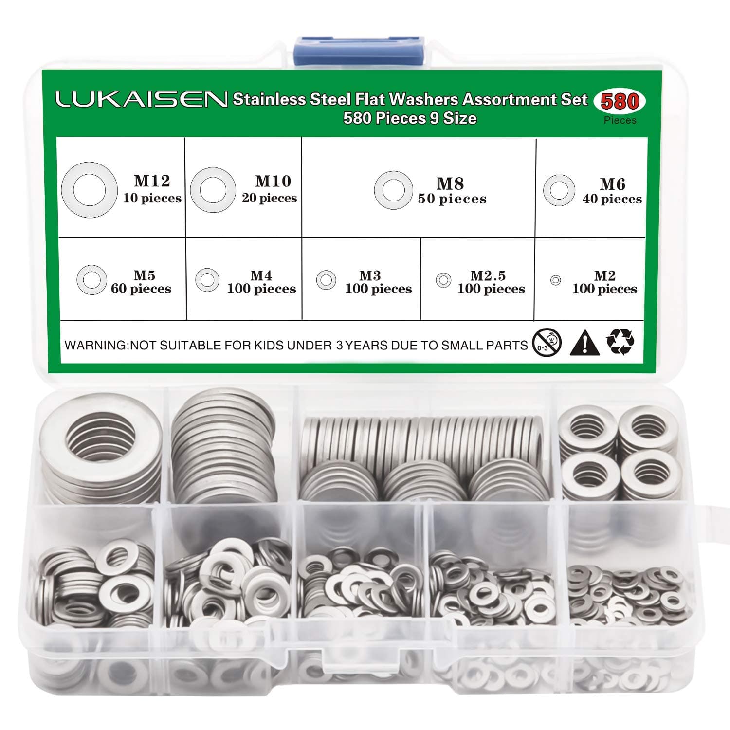 304 Stainless Steel Flat Washers Set 580 Pieces, 9 Sizes - M2 M2.5 M3 M4 M5 M6 M8 M10 M12 Suitable for Home Decoration, Factories Repair, Kitchens, Shops and Outdoor Construction
