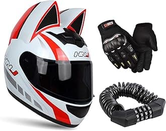Personality Cat Ear Full Face Motorcycle Street Helmets Men Women Cat Helmet with Ears, with Gloves & Password Lock,White Orange,L