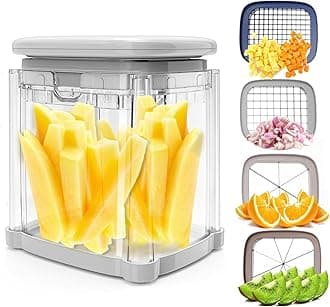 French Fry Cutter 4-in-1, Potato Cutter for Fries, Onion Dicer, Food Chopper & Apple Slicer – Manual Hand Vegetable Cutter with 4 Blades