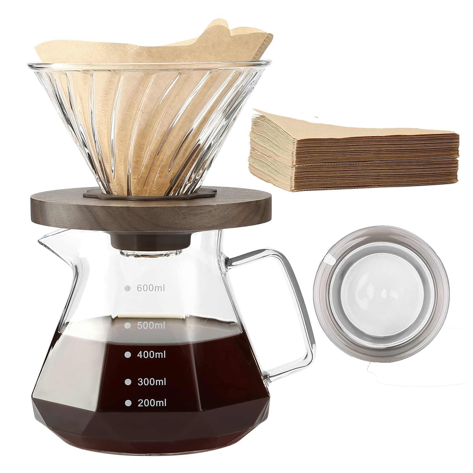 Pour Over Coffee Maker, 600 ml Borosilicate Glass Carafe with 100 pcs Size 02 Paper Filter, Walnut Handle, Drip Coffee Maker for Home Café Restaurant Camping, Hold 3 Cups