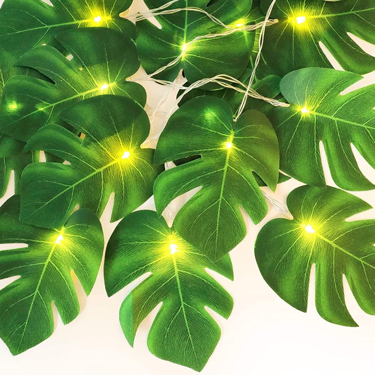 Fielegen 20 LED Monstera Leaf String Lights,Artificial Tropical Palm Leaves Wall Hanging Vine with Lights,Summer Decoration for Hawaiian Jungle Safari Luau Party BBQ Beach Birthday Theme Table Decor