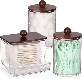 Tbestmax Qtips Holder Dispenser, 10 Cotton Ball/Swabs Storage Containers, Apothecary Jars for Bathroom Organizer Bambooo Lids
