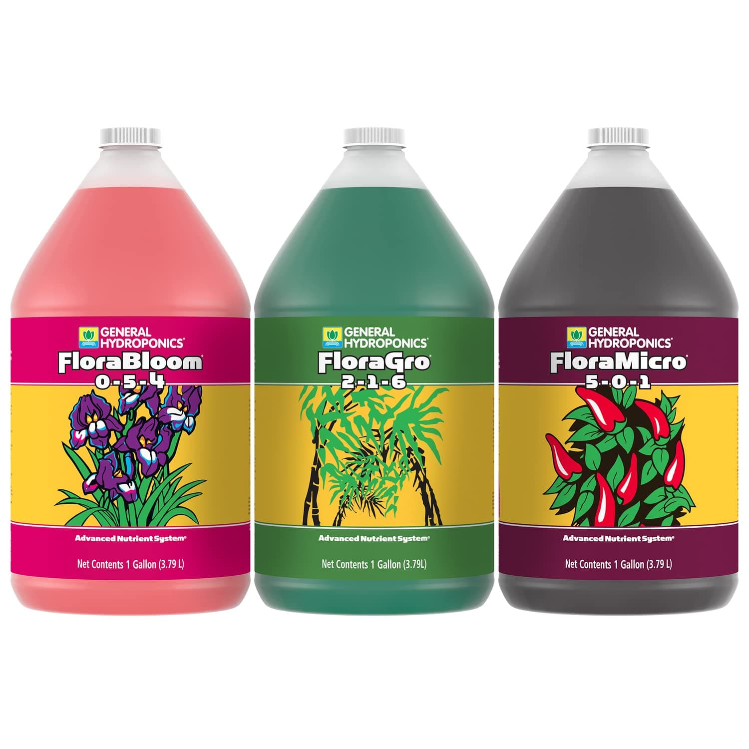 General Hydroponics 3 Piece Flora Grow, Bloom, Micro Combo Fertilizer Set, 1 gal