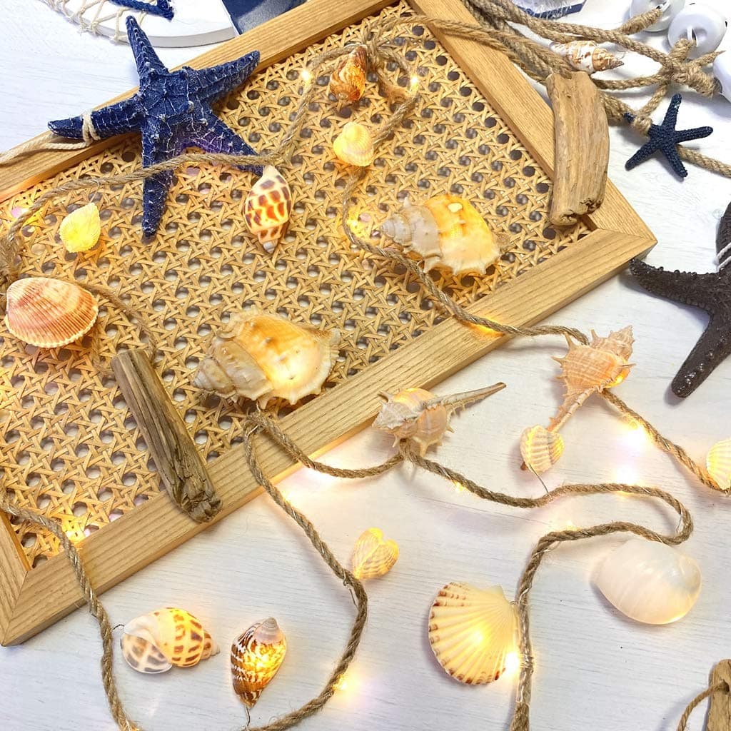 Beached Themed Sea Shell Decorative Conch Hemp Rope Lights, Nautical Night String Lights Lit by 39 LEDs 19 Shells 6.6 feet Battery Powered for Summer Camping Wedding Birthday Bedroom Home Parties