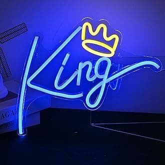 ineonlife King Neon Sign Blue Letters Led Neon Light Yellow Crown Led Neon Signs Wall Decorative Lights for Bedroom Kids Room Teen Boys Room Birthday Wedding Party Bar Decor with USB Power