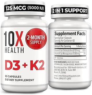 - 10X Health Vitamin D3 5000 IU & K2 MK7 - Menaquinone 7, High-Potency D3 K2 Vitamin Supplement for Bone Health, Heart and Teeth - 125 mcg Vitamin D & 90 mcg Vitamin K2-60 Capsules