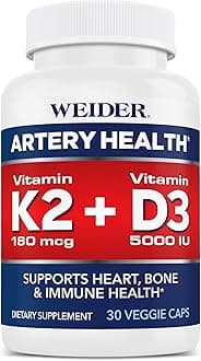 Artery Health for Heart, Immune and Bone Support with Vitamin K2 (180mcg) & Vitamin D3 (5000iu), 30 Veggie Capsules