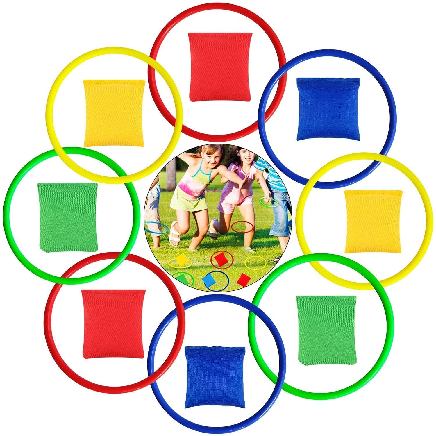 LATERN 16Pcs Nylon Bean Bags and Plastic Rings, Multicolor Toss Game Sets for Kids Bean Bag Toss Game Garden Backyard Outdoor Games Speed and Agility Training Games