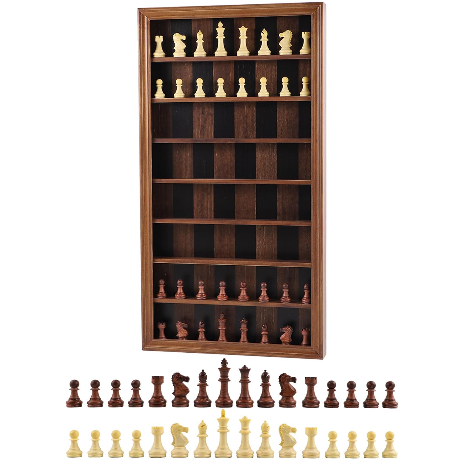 Giant Wall Mounted Board Game Wooden Chess Game Set with A Complete Set of Carved Chess Pieces Vertical Display Cabinet for Home Games Hanging Art Home Decoration (Burnt color)