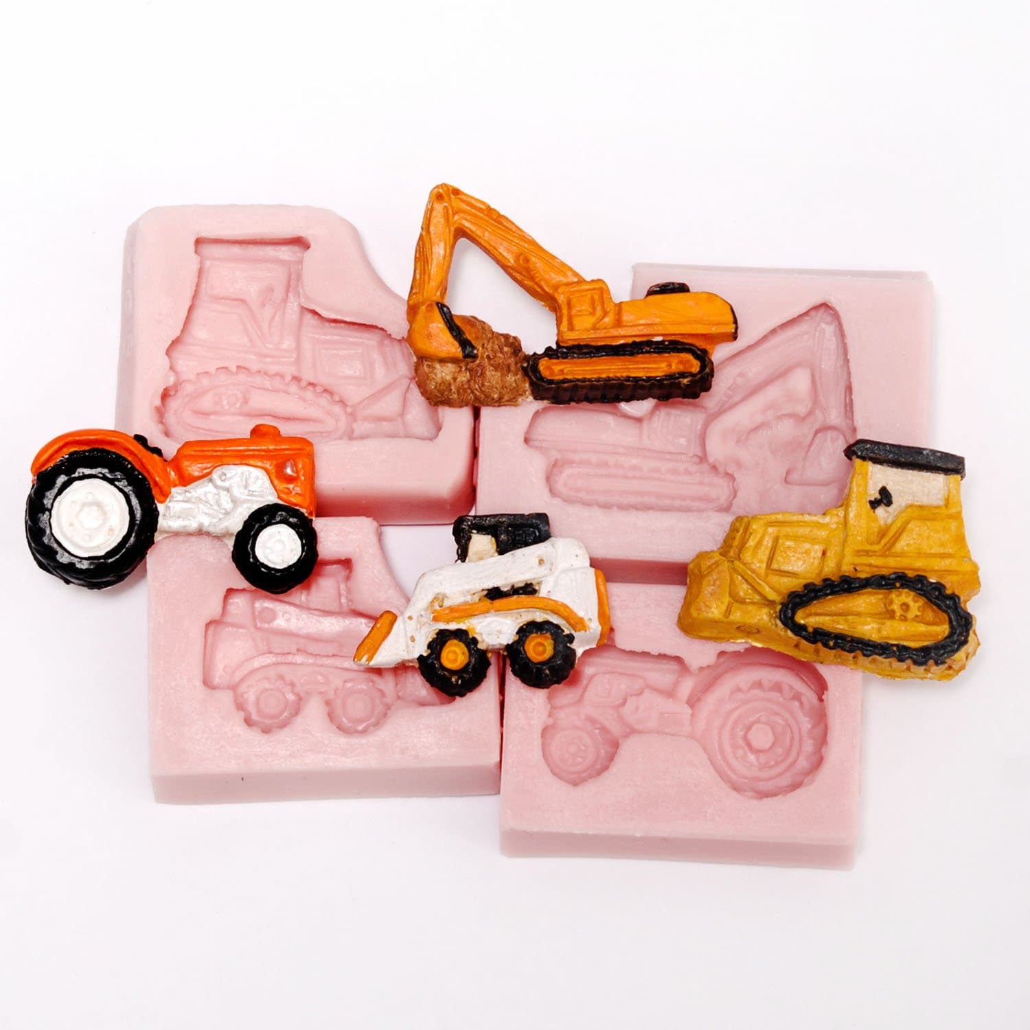 Small Bull Dozer, Tractor, Excavator, Skid Steer Silicone Mold Set - Food Safe Fondant, Resin, Polymer Clay Mold. Flexible easy to use. Jewelry, Craft or Food Mold.