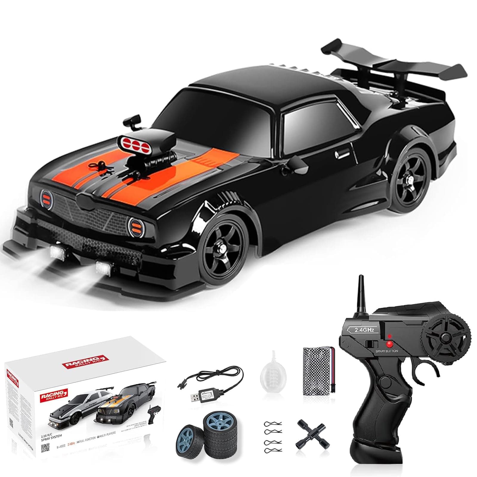 GoolRC Remote Control Drift Car, 1:16 Scale Fast and Furious Cars 18KM/H High Speed RC Cars 2.4GHz 4WD Remote Control Race Car LED Lights Spray Rubber Tire for Adults Teens Gift