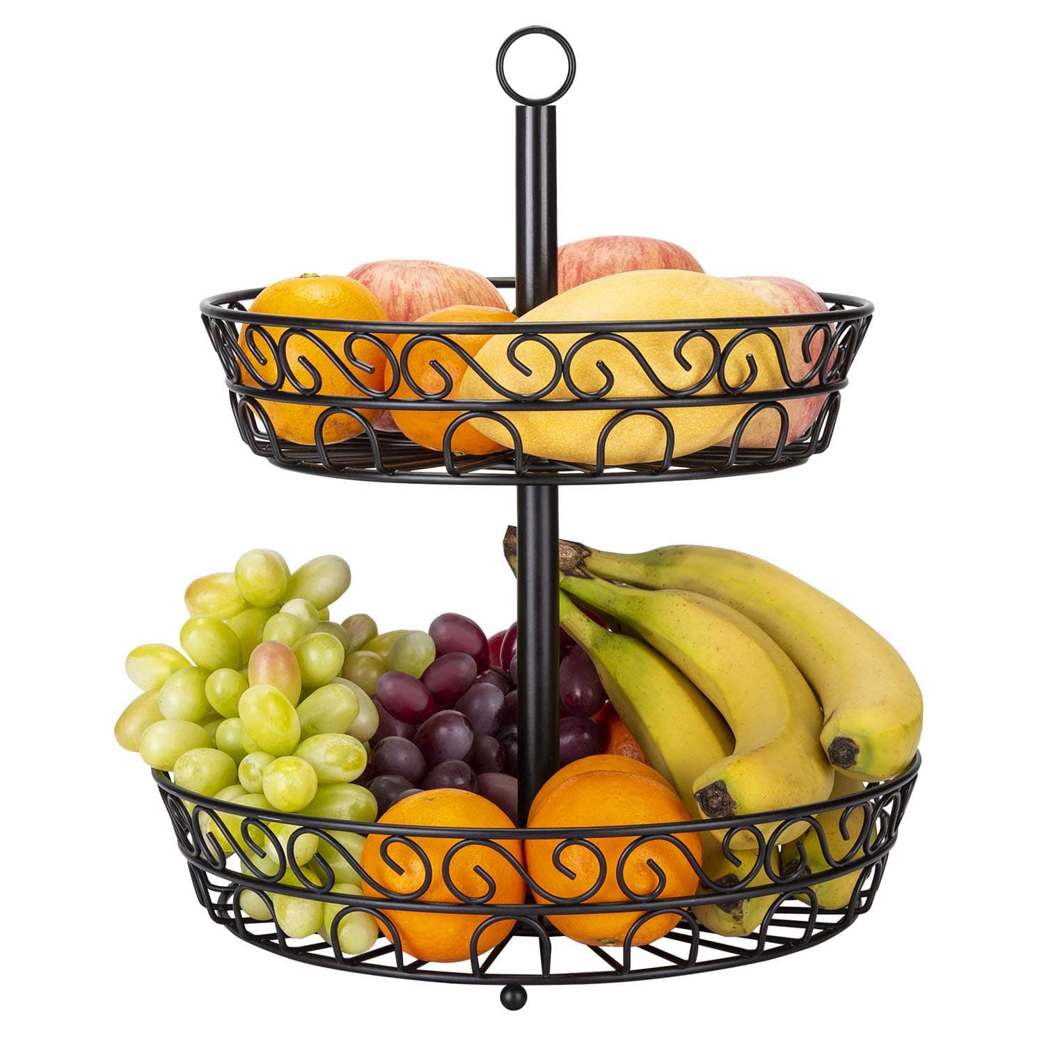 TOROTON 2 Tier Fruit Bowl, Countertop Metal Fruit Basket Rack, Display Stand for Fruit Vegetable Bread - Black
