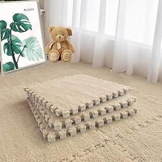 16pcs 0.6 Thickened Interlocking Tile Mats,Fluffy Shaggy Soft EVA Foam Area Rug for Living Room & Bedroom,Non-Slip Protective Floor Carpet Play Mat Kids Baby Dorm Home Decor (11.8ft, Khaki)