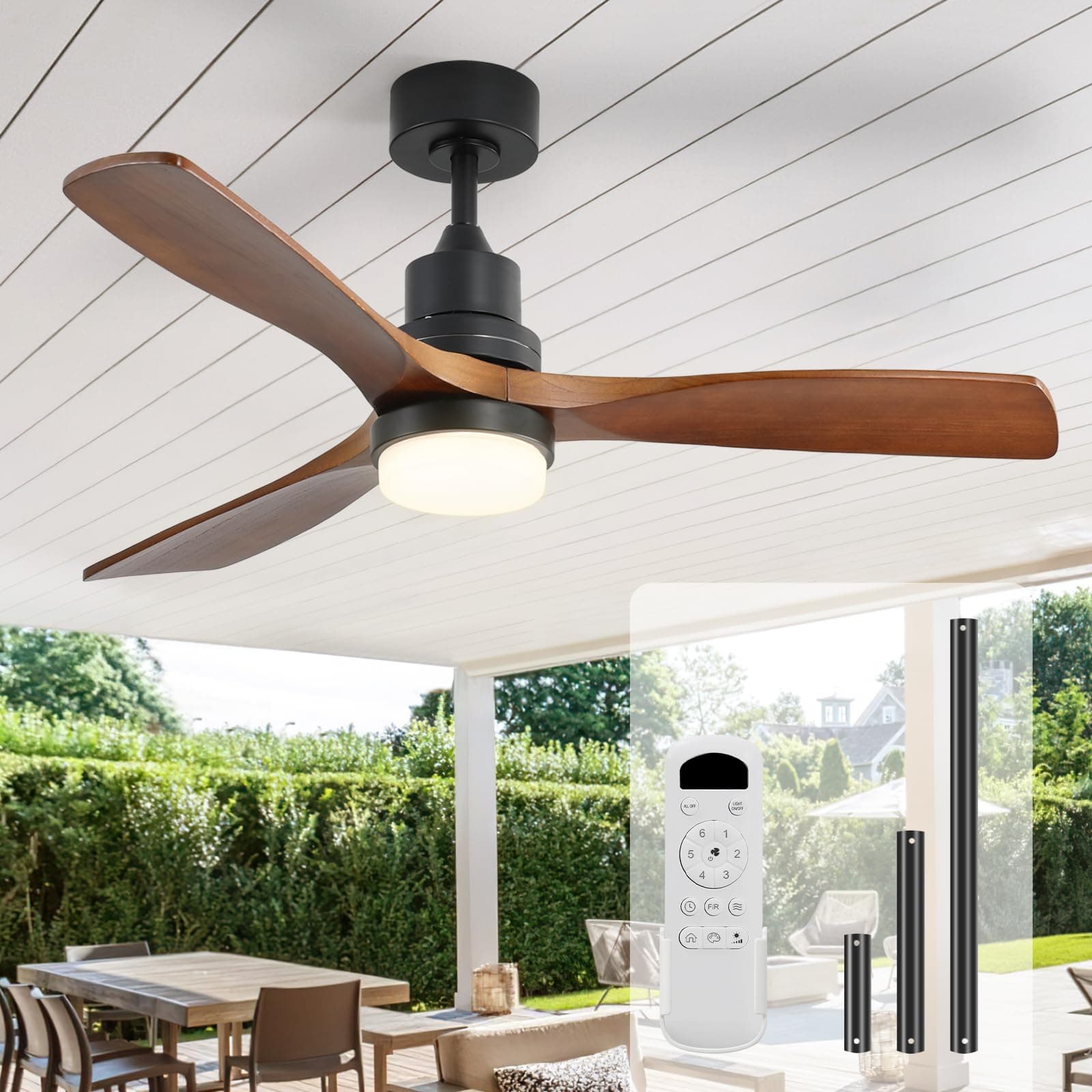 52 Inch Ceiling Fans with Lights and Remote Control, Modern Solid Wood Outdoor Ceiling Fan with Light for Bedroom Living Room Indoor Farmhouse Patio, Quiet DC Motor