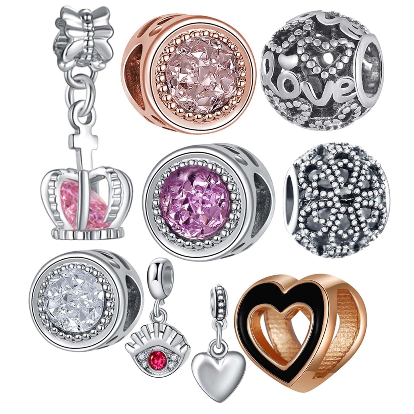 9 Pack Plated Silver Spacer Beads Charms fit Bracelet Dangle Set