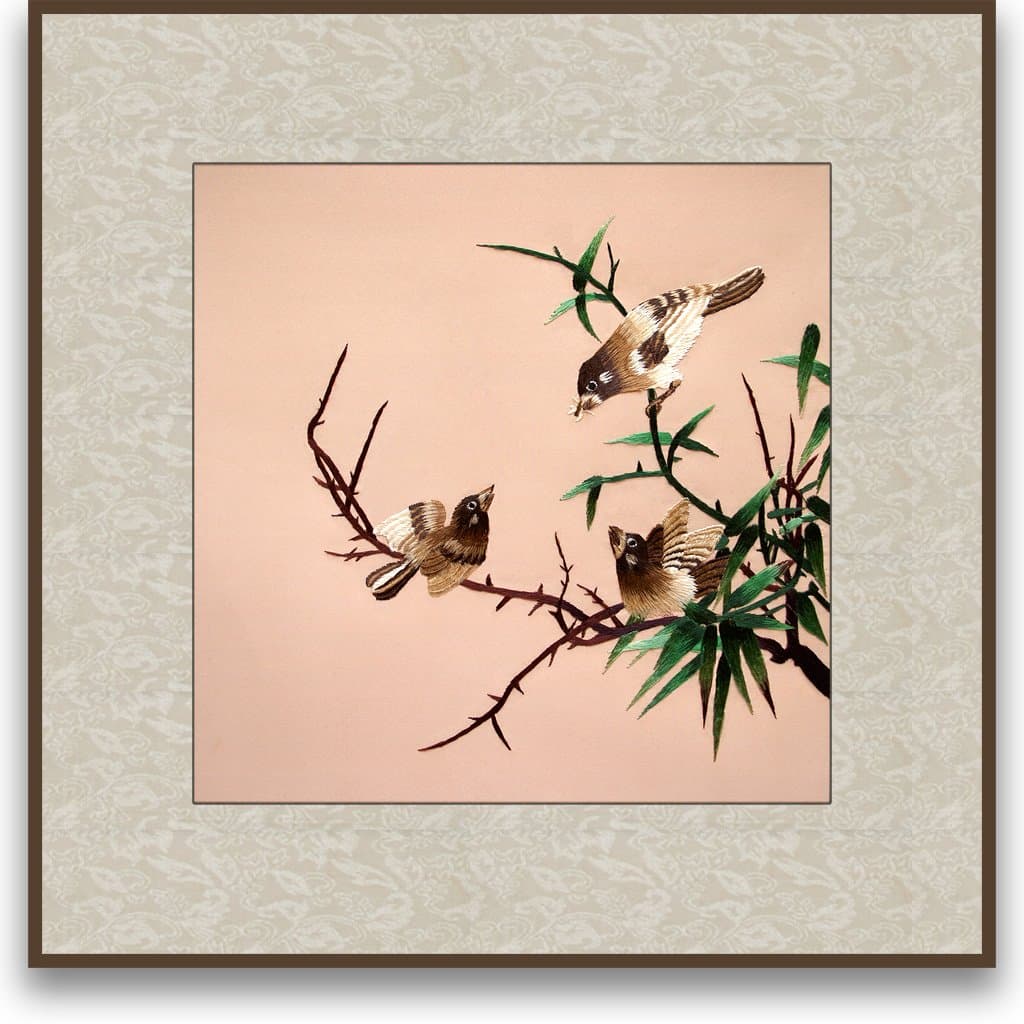 Art of Silk Hand Designed Silk Art - Sparrows Feeding on a Willow Tree - Silk Embroidery - Unframed
