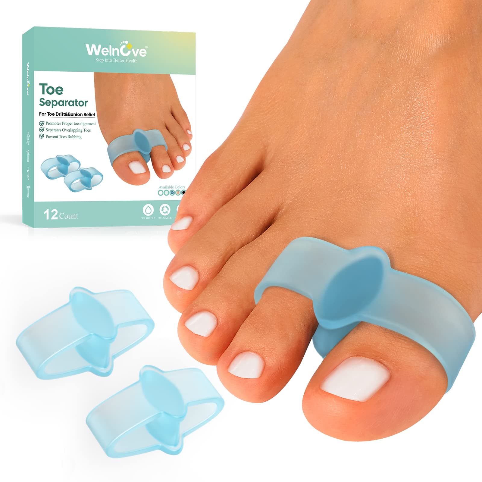 Welnove Pack of 12 Bunion Corrector, Toe Separators with 2 Loops, Big Toe Space Suitable for Bunion and Overlap Toe (Blue)