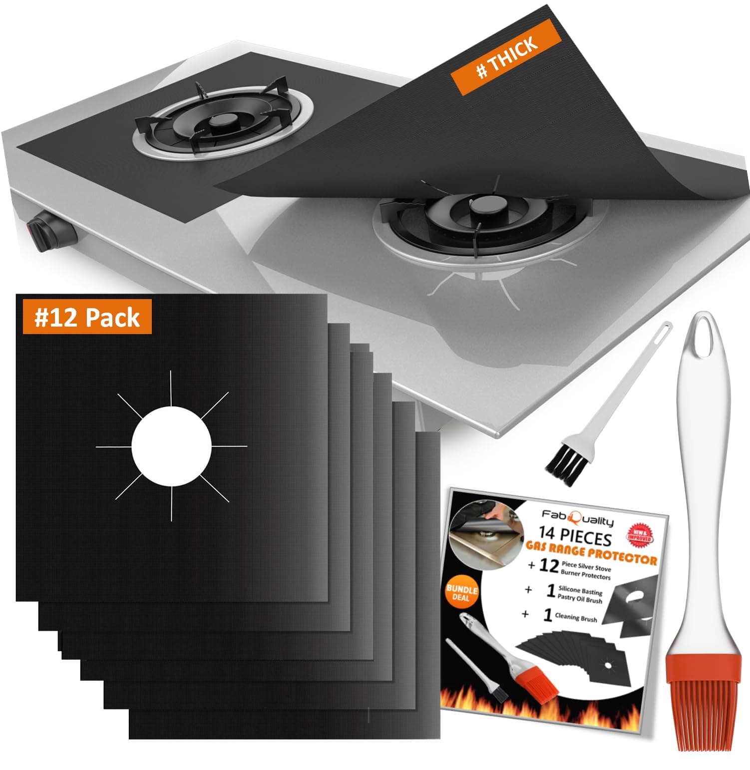 14 Pack Stove Burner Covers Double Thickness Reusable Non-Stick Heat-Resistant Gas Range Protectors for Kitchen and Easy to Clean 2025(Black)+ Brush + Peeler