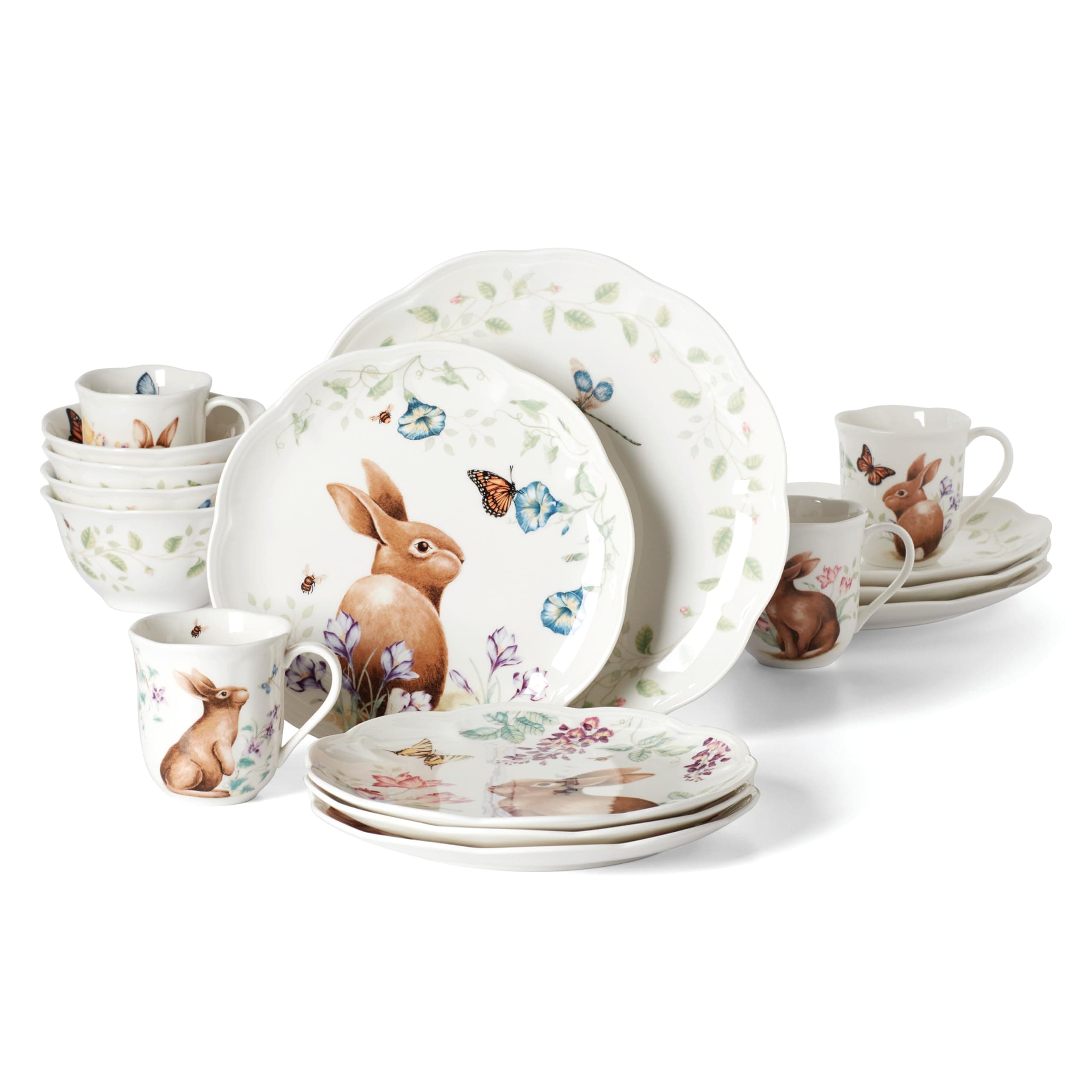 Lenox Dinnerware Set, Butterfly Meadow Bunny 16-Piece Set, Service For 4, Dishwasher Safe, Microwave Safe, Made Of Porcelain, Bowls And Mugs, Plates And Bowls, Easter Dish (Assorted, 16 Pieces)