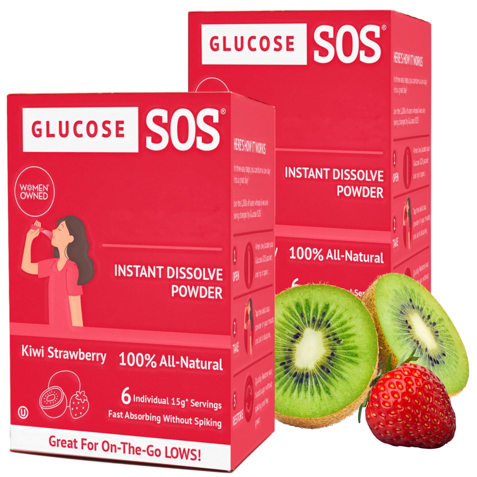 Glucose SOS Powder Packets with Natural Dextrose, Fast-Absorption That Instantly Dissolves in Your Mouth with No Water Needed, Kiwi Strawberry 12 Servings