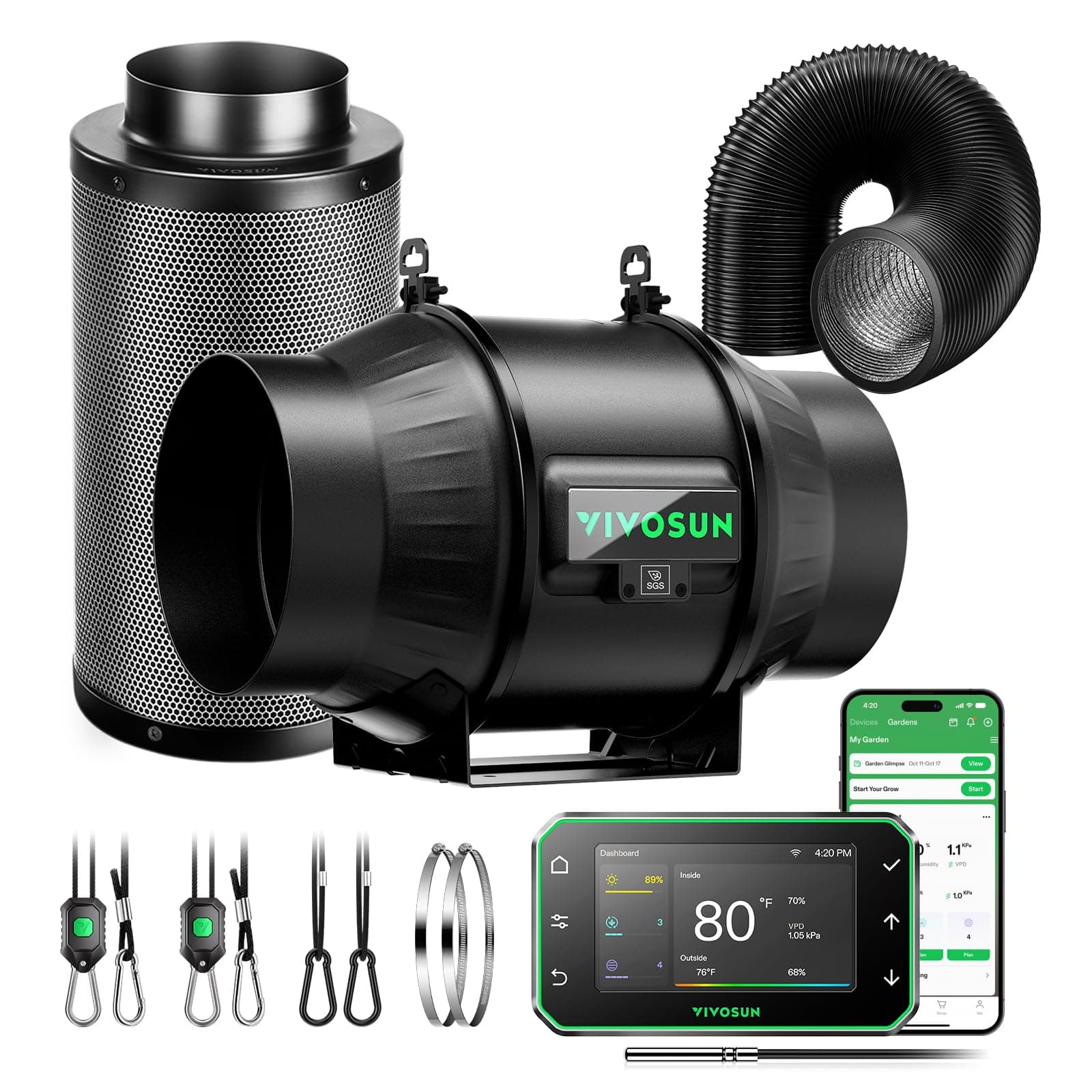 Smart Air Filtration PRO T6 Kit 6", AeroZesh T6 Inline Duct Fan w/GrowHub E42A Temp. Humidity WiFi-Controller, Carbon Filter & Ducting, Cooling & Ventilation System for Grow Tent, Hydroponics