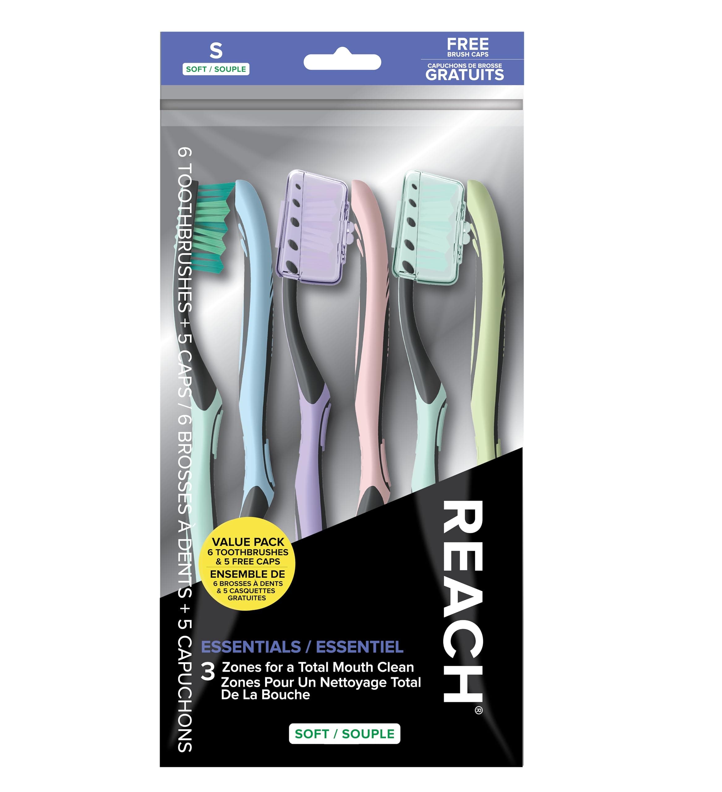Essentials Toothbrush with Toothbrush Caps, Multi-Zoned Angled Soft Bristles, Contoured Handle, Tongue Scraper, 6 Count