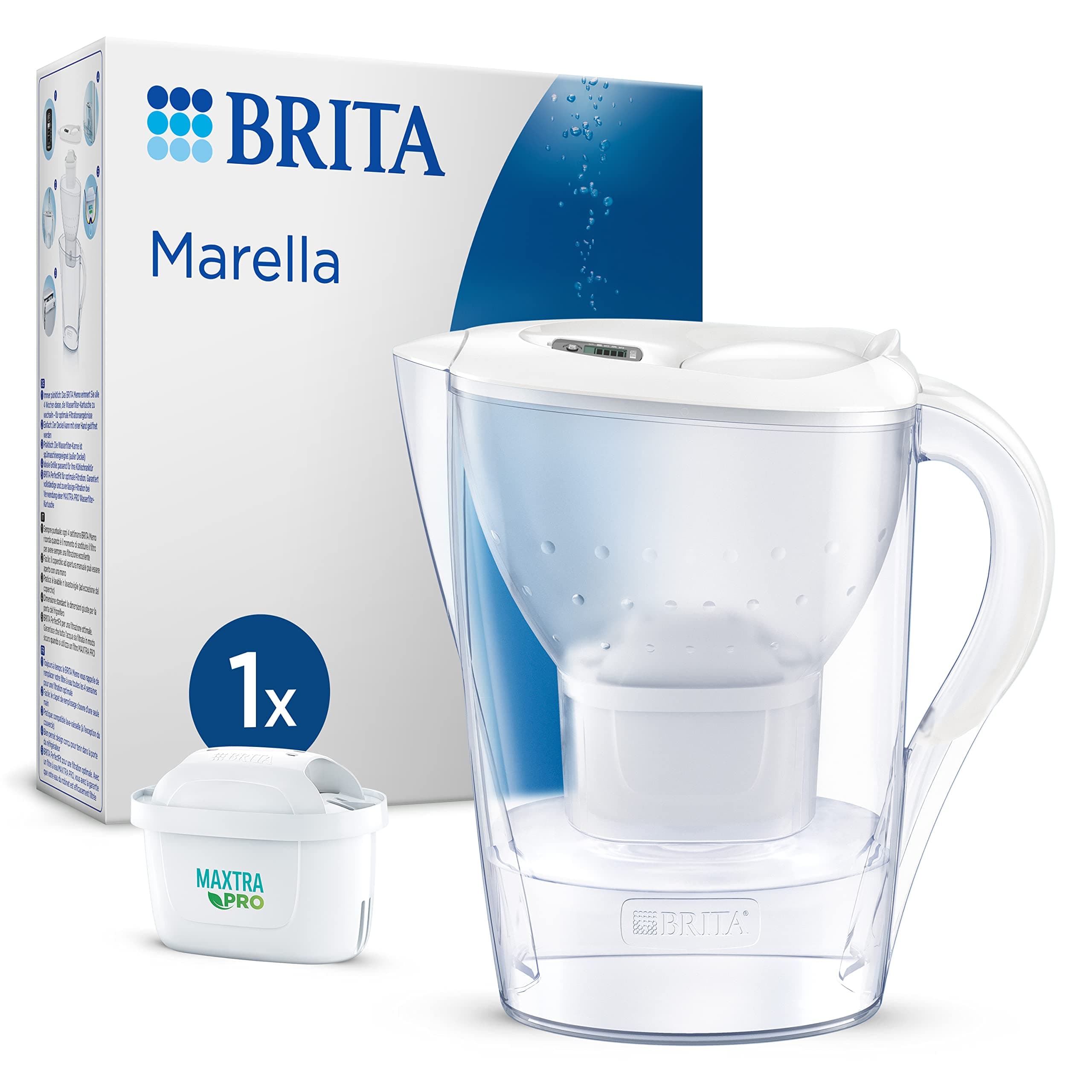 Marella Water Filter Jug White (2.4L) incl. 1x MAXTRA PRO Pure Performance cartridge - fridge-fitting jug with digital LTI and Flip-Lid - now in sustainable Smart Box packaging