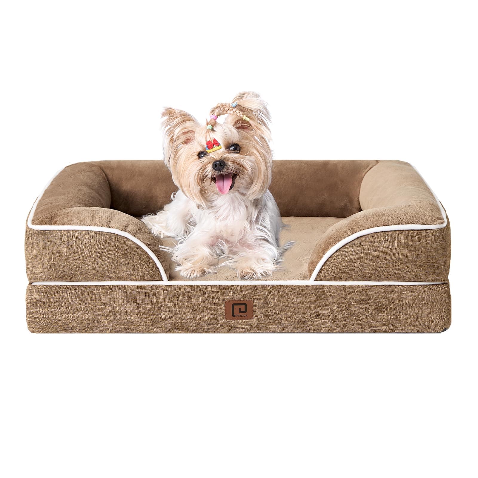 EHEYCIGA Orthopedic Dog Bed for Small Dogs, Waterproof Memory Foam Small Dog Beds with Sides, Non-Slip Bottom and Egg-Crate Foam Medium Pet Couch Bed with Washable Removable Cover, Camel