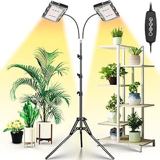 LBW Grow Light for Indoor Plants, Dual Heads Full Spectrum LED, Auto On/Off Timer, 6 Dimmable Levels, 3 Switch Modes, Adjustable Tripod Stand 15-63 inches