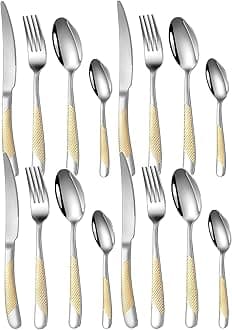 Mirror Finish Gold Plated Stainless Steel Flatware Set Copper Silverware Set Rose Gold Spoon Color Cutlery Set [Dinner Fork-Tea Spoon-Salad Spoon-Knife] Set of (Golden DOT, 16)