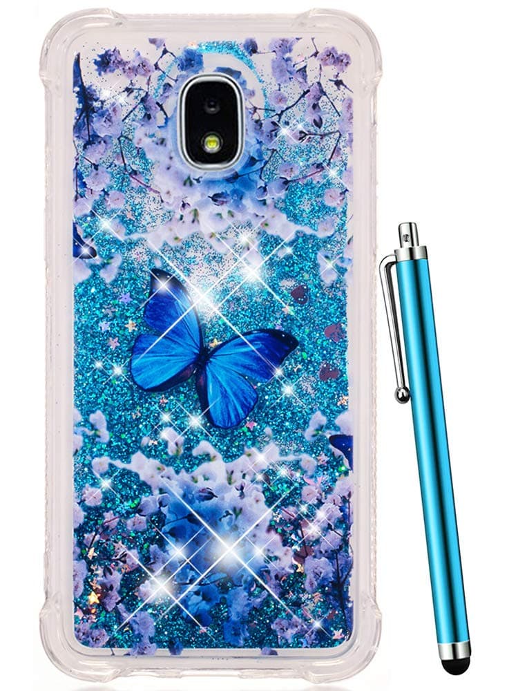 for Samsung Galaxy J7 Refine Case,J7 2018/ Top/Crown/Aero/Aura/Eon/Star Glitter Sparkle Liquid Bling Quicksand Clear TPU Cover Luxury Cute Women Men Shockproof -Blue Butterfly