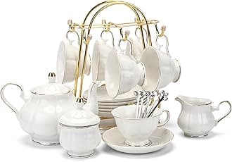 CHENP.HMC Tea Set 22 Pieces Porcelain Ceramic Coffee Tea Service Gift Cups Set for 6 Teapots, Sugar Bowls, Creams, Pitcher and Teaspoons (White3)