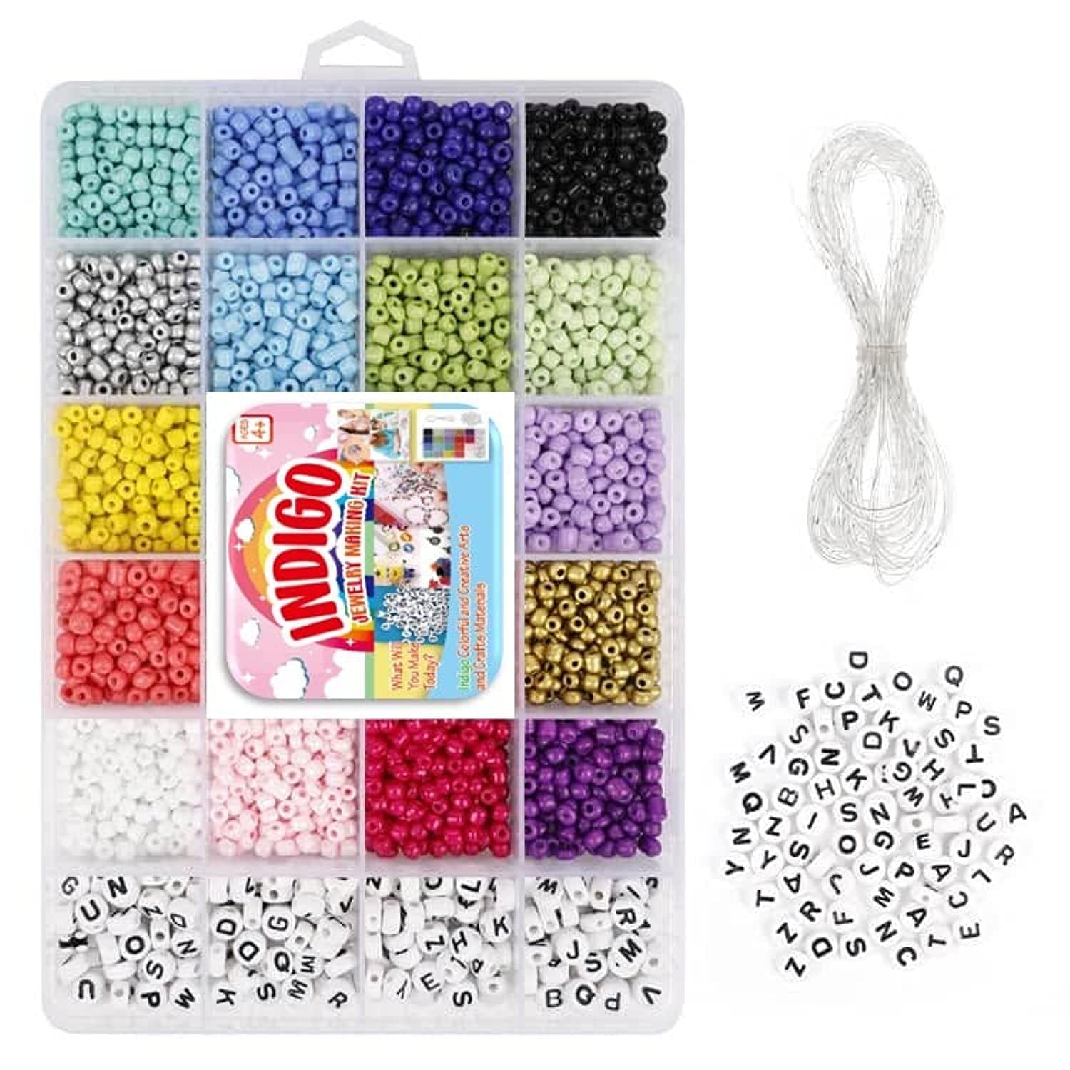 A's Indigo 3300 Seed Beads, Letter Beads and Pony Beads Kit For Jewelry Making, DIY Bracelet Craft Supplies With Colored Glass Beads, Rope And Alphabet Beads (4mm)