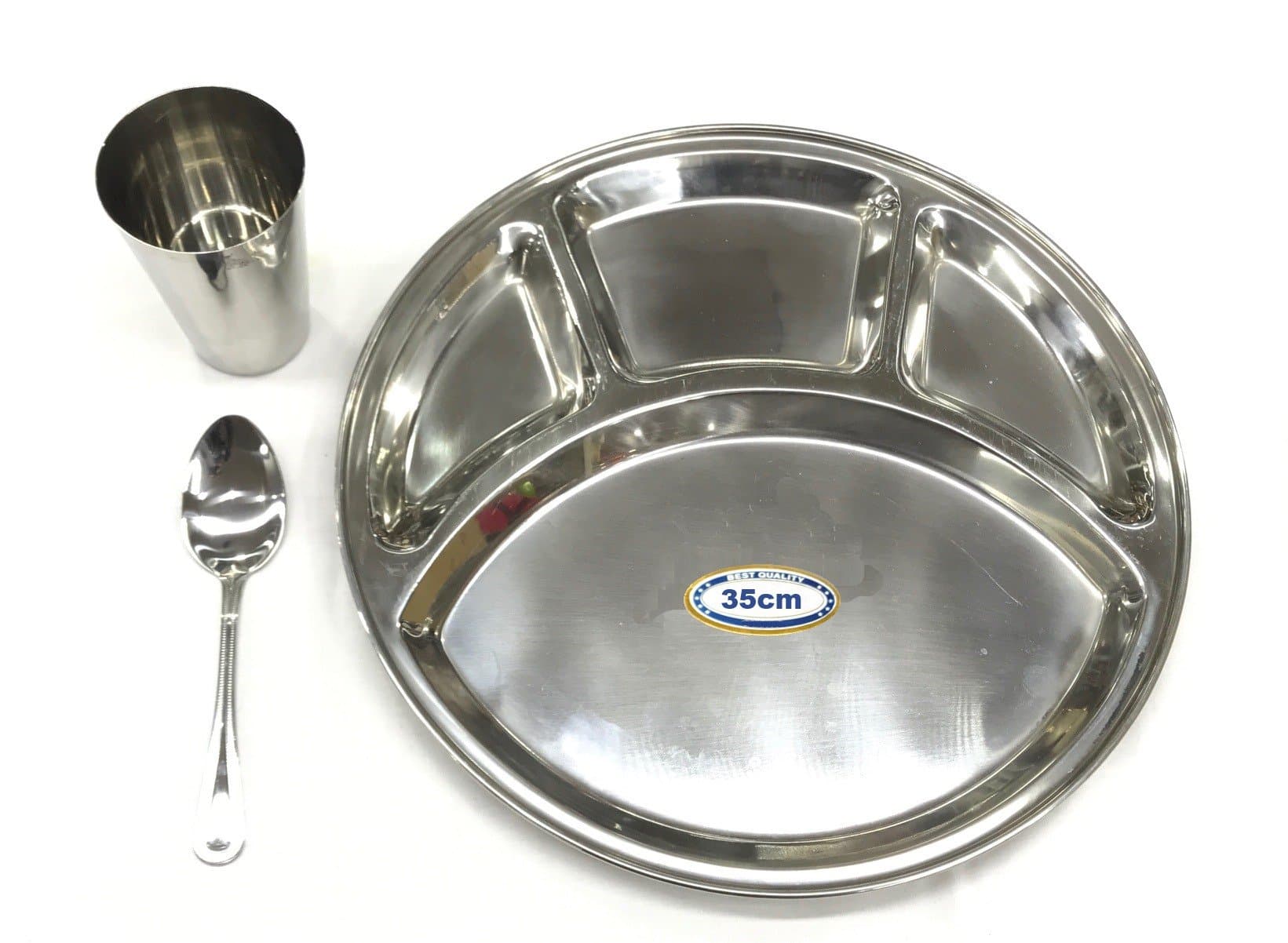 Stainless Steel 4 Compartment 3pc Thali Set Dinner Set Bhojan Plate Spoon Glass 35cm