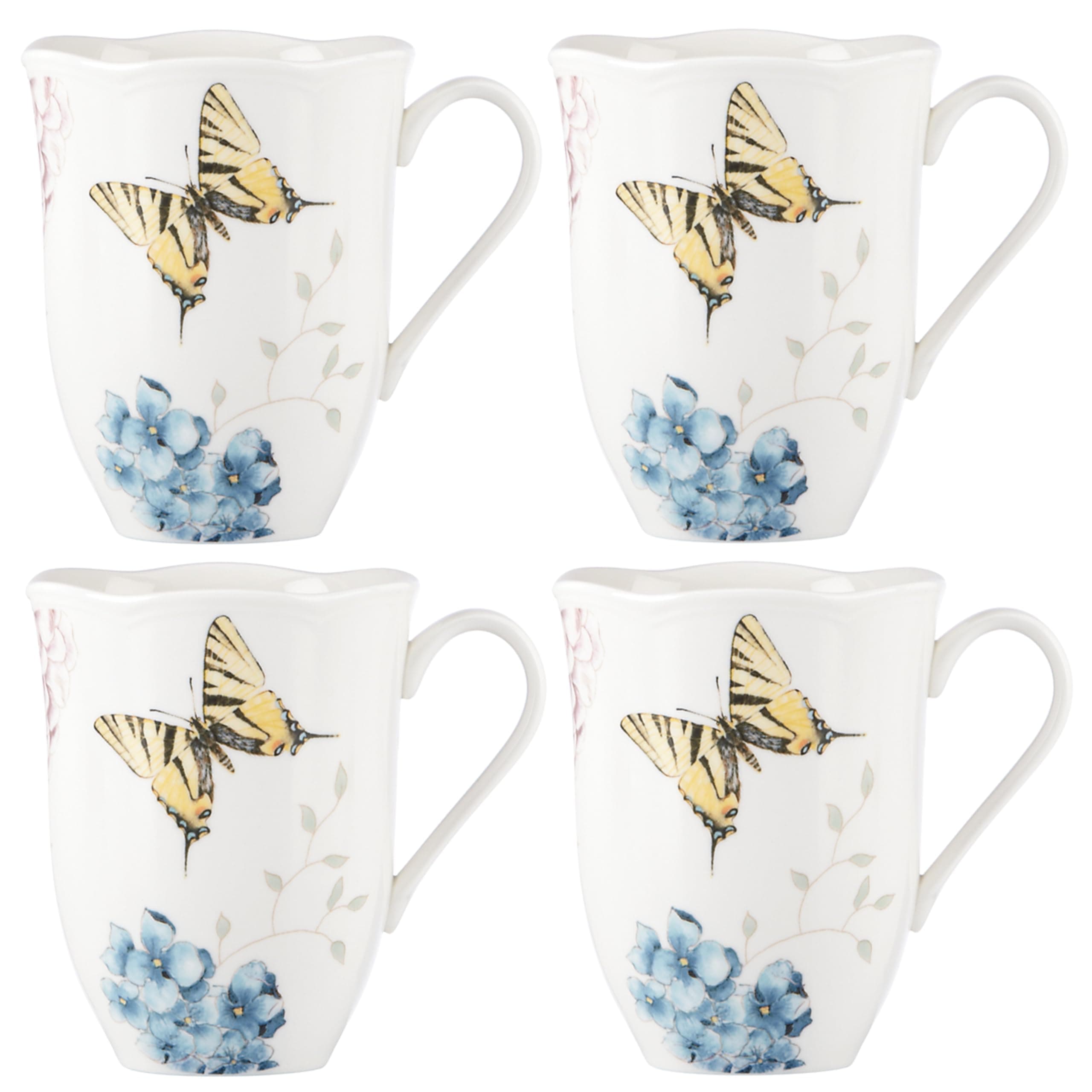 Butterfly Meadow Hydrangea 4-Piece Porcelain Mug Set, 4 Count (Pack of 1), Multi