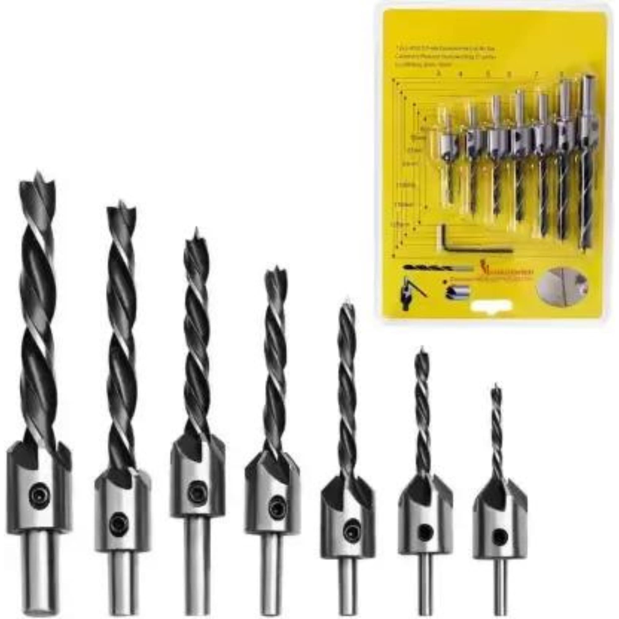 High Speed Steel Countersink Drill Bit Set Power Tools Accessories with Hex Key for Plastic, Woodworking (7 Pcs, 3-10mm)