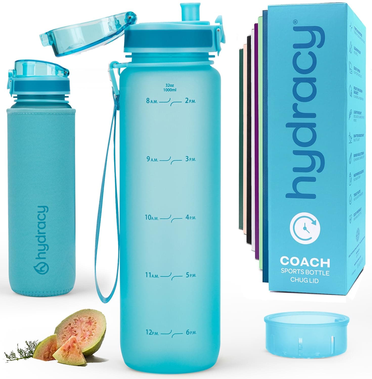 Hydracy Water Bottle with Time Marker -Large 1 Litre BPA Free Water Bottle & No Sweat Sleeve -Leak Proof Gym Bottle with Fruit Infuser Strainer & Times to Drink -Ideal for Fitness Sport & Outdoor