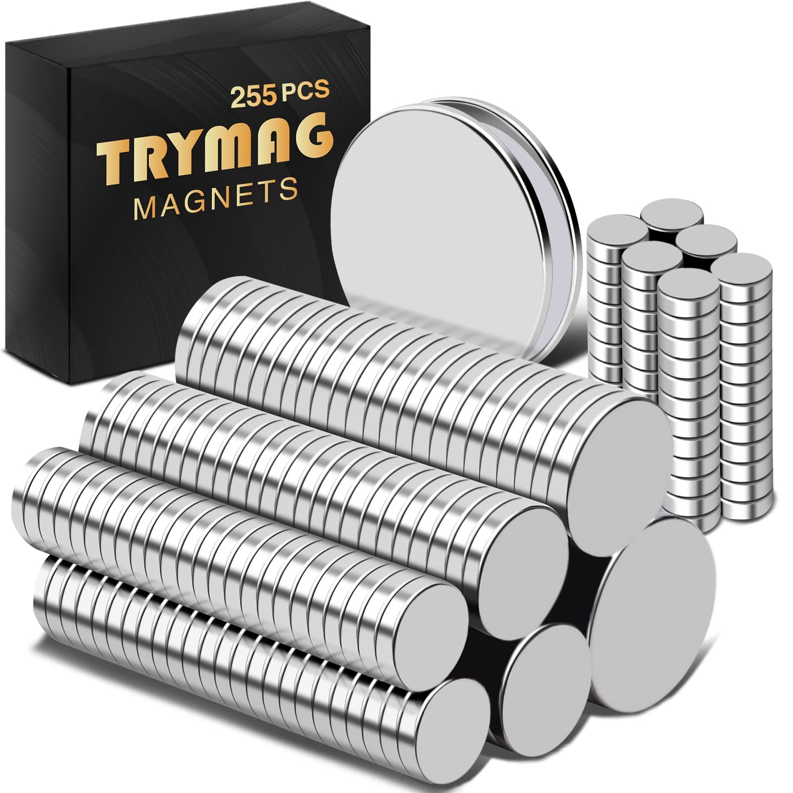 TRYMAG Small Strong 6 Different Sizes 255Pcs Rare Earth Magnets for Crafts, Heavy Duty Neodymium Round Refrigerator Magnets for Whiteboard, Home, Kitchen, Office, School