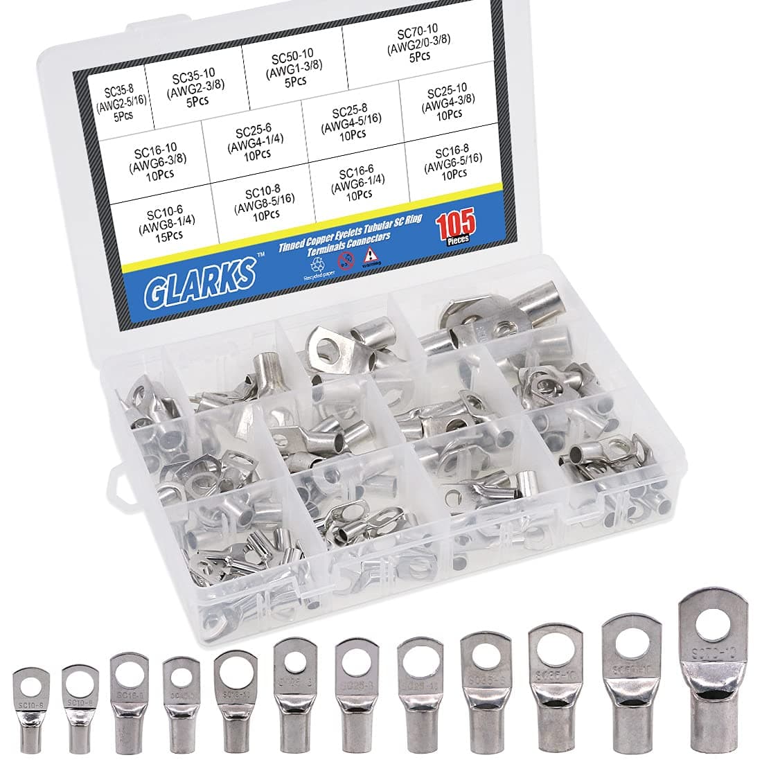 Glarks 105Pcs 12 Type Heavy Duty Wire Lugs Battery Cable Tinned Copper Eyelets Tubular SC Ring Terminals Connectors with Spy Hole Assortment Kit